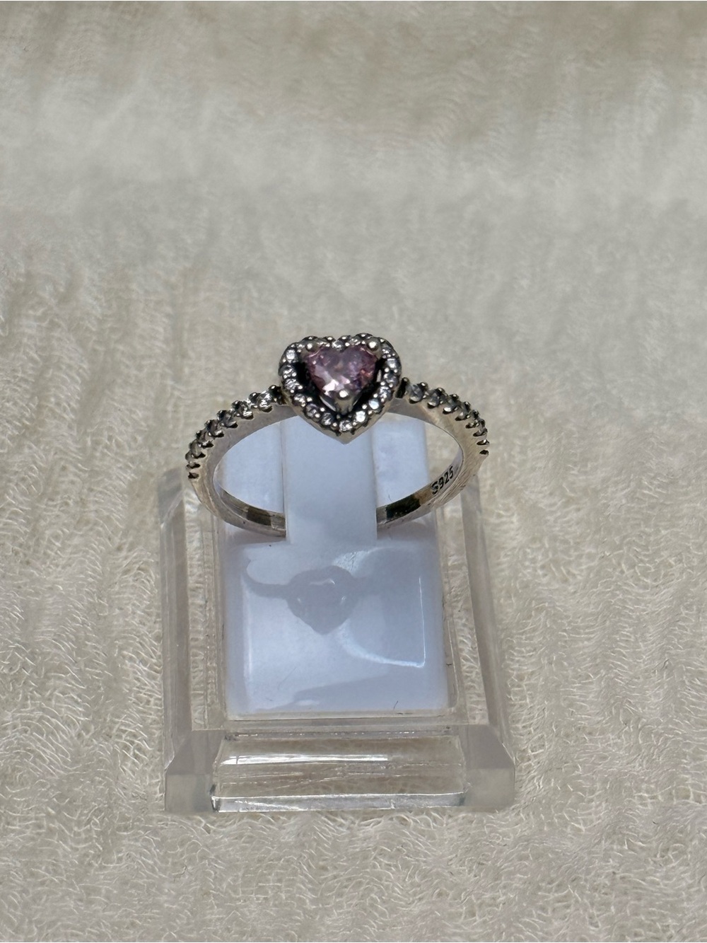 925 Sterling Silver Heart Ring with Pink Center Stone, Size 6